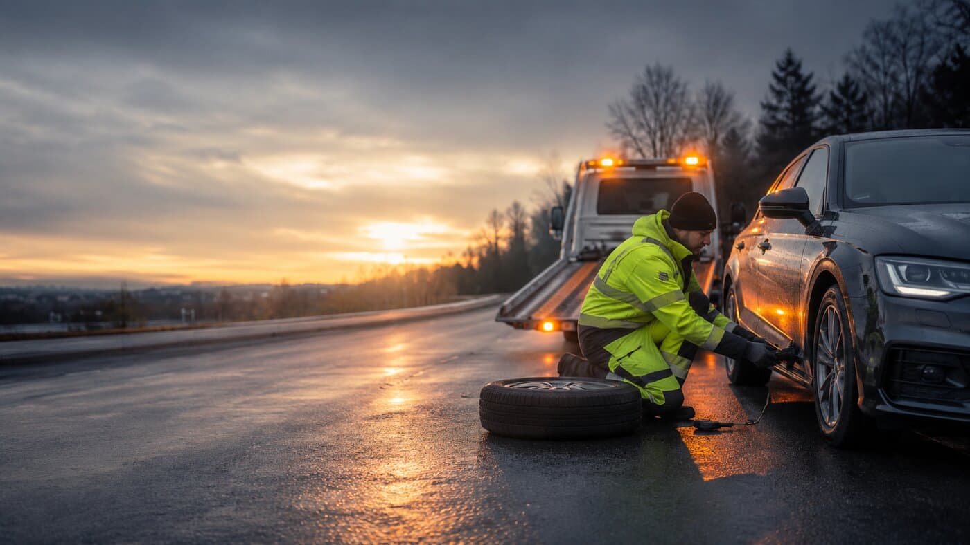 Changement de roue après crevaison sur le bord de route